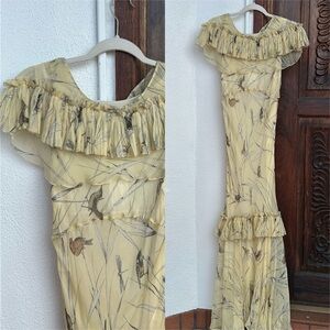 Marni pale yellow bird print silk ruffle maxi dress